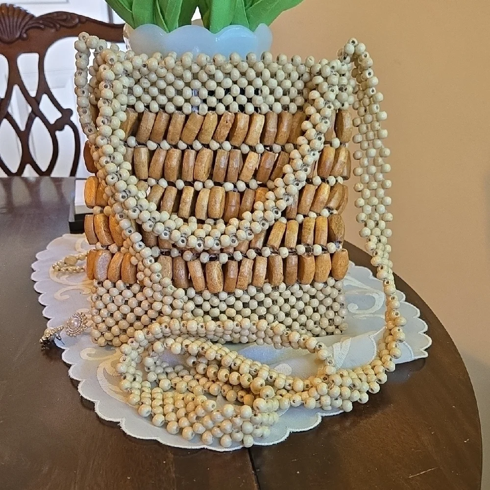 Straw Studios Beaded Bag in Cream and Tan Size 9x9